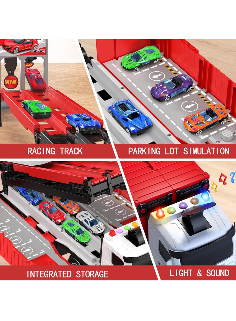Race Car Track Toy Truck Toy with Slots & Foldable Race Transport Car with Music And Light Carrier Toy for Toddlers Cars Toy Set with 1 Truck And 8 Race Cars Vehicles Toy Set for 3+ Kids Boys Girls  - Image 4