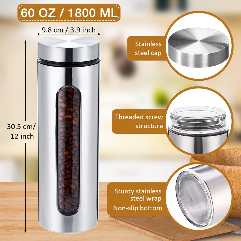 Mimorou 3 Pcs Stainless Steel Canister Set with Glass Windows Visible Storage Jars Silver Kitchen Canister Set for Pasta Flour Oat Sugar Container, Kitchen Tools, Housewarming Gifts(60 oz) - Image 2