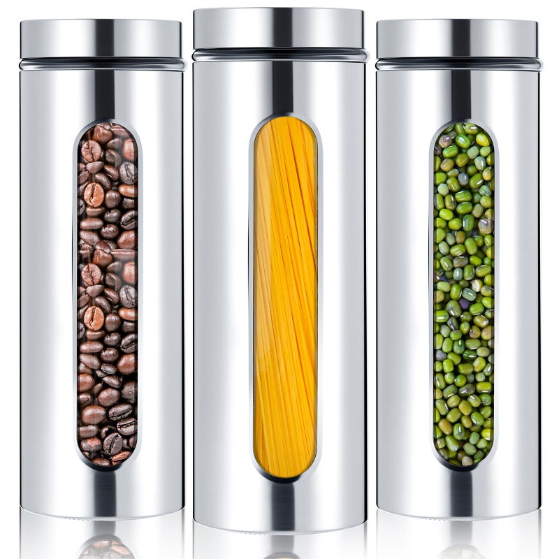 Mimorou 3 Pcs Stainless Steel Canister Set with Glass Windows Visible Storage Jars Silver Kitchen Canister Set for Pasta Flour Oat Sugar Container, Kitchen Tools, Housewarming Gifts(60 oz) - Image 1