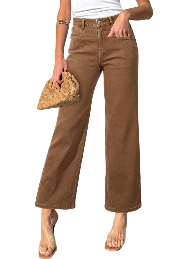 Sidefeel Women's Jeans High Waisted Wide Leg Jeans Stretchy Straight Leg Zimbaplatinum Ankle Denim Pants with Slant Pockets Brown Size 4 - Image 1