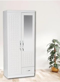 Generic 2 Door Wooden Wardrobe with Mirror Rectangular Shape, 4 Racks, 1 Secret Locker, Color White, Perfect cupboard for Small Rooms, Couples & Kids, Size L80 x W45 x H185 cm  - Image 1