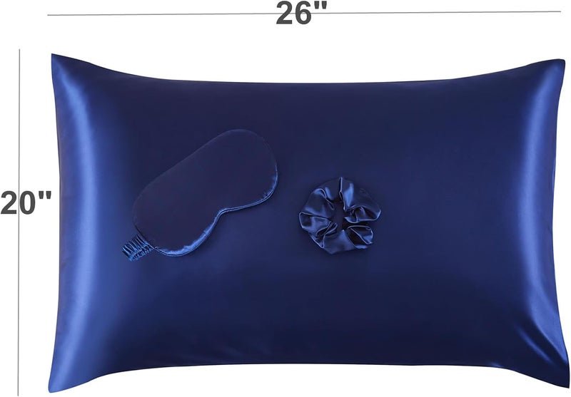URLINENS غطاء وسادة من الساتان للشعر والبشرة، مجموعة نوم من حرير نباتي فائقة النعومة - 2 غطاء وسادة من الساتان مقاس قياسي، 1 قناع عين، 1 ربطة شعر، مجموعة روتين ليلي أساسية من الساتان للعناية الذاتية، أزرق داكن - Image 3