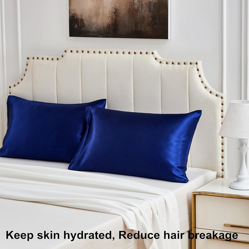 URLINENS غطاء وسادة من الساتان للشعر والبشرة، مجموعة نوم من حرير نباتي فائقة النعومة - 2 غطاء وسادة من الساتان مقاس قياسي، 1 قناع عين، 1 ربطة شعر، مجموعة روتين ليلي أساسية من الساتان للعناية الذاتية، أزرق داكن - Image 2