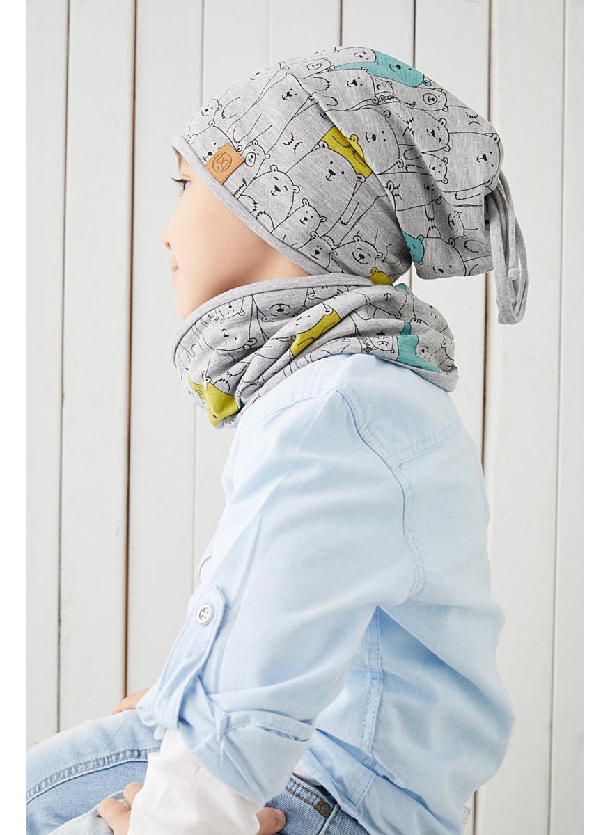 Babygiz Boy's Gray Figured 4 Season Beret Neck Collar Set Soft Natural 100% Cotton Combed Cotton  - Image 2