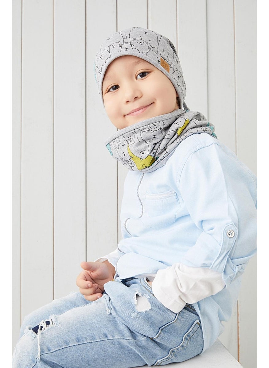 Babygiz Boy's Gray Figured 4 Season Beret Neck Collar Set Soft Natural 100% Cotton Combed Cotton  - Image 3