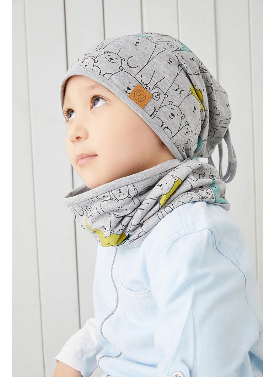 Babygiz Boy's Gray Figured 4 Season Beret Neck Collar Set Soft Natural 100% Cotton Combed Cotton