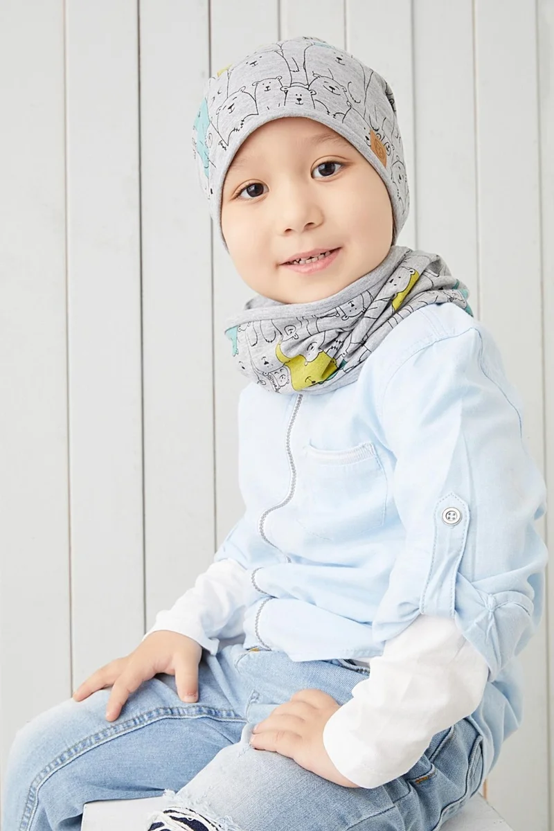بيبيجيز Boy's Gray Figured 4 Season Beret Neck Collar Set Soft Natural 100% Cotton Combed Cotton