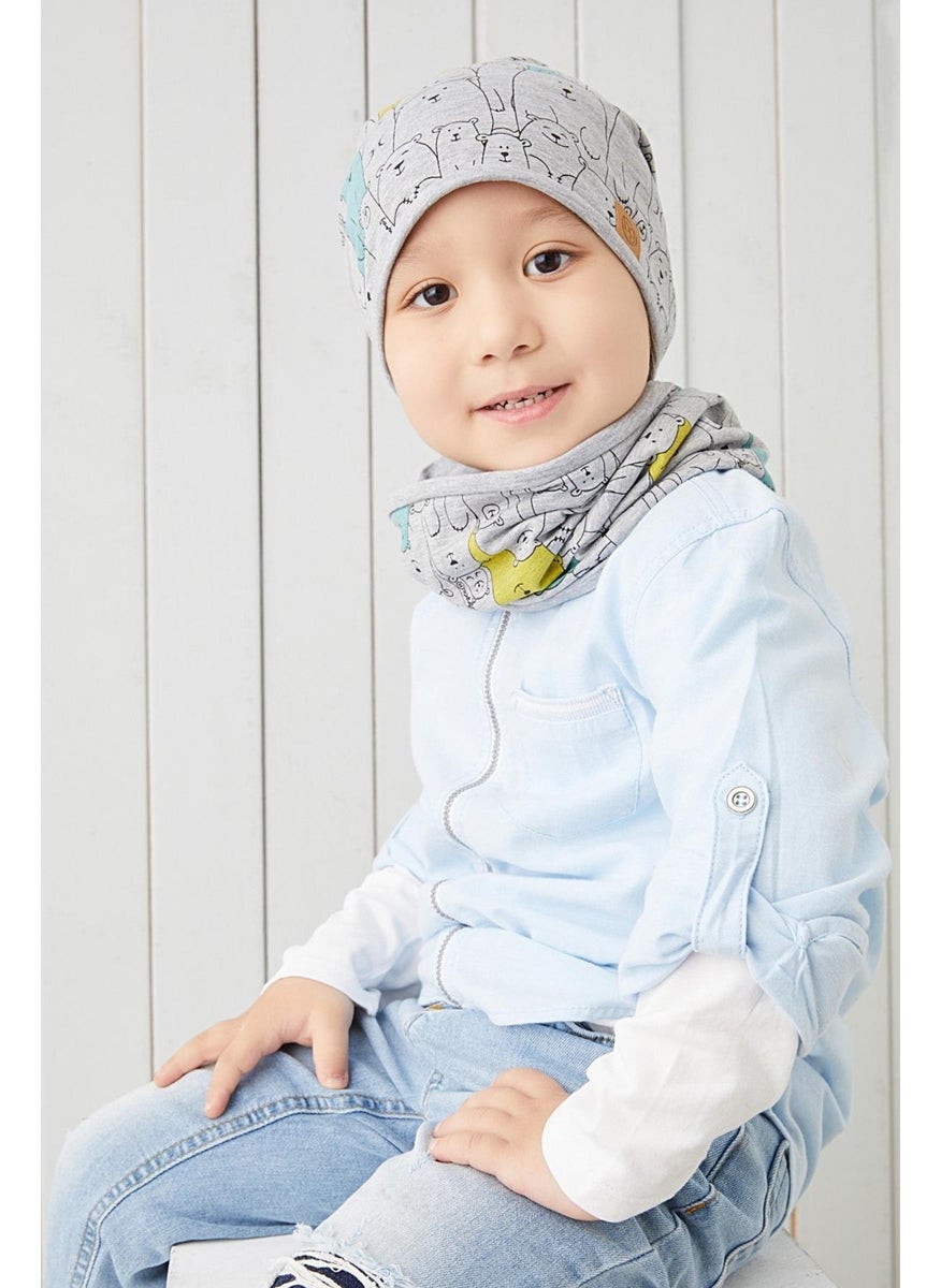 Babygiz Boy's Gray Figured 4 Season Beret Neck Collar Set Soft Natural 100% Cotton Combed Cotton  - Image 4