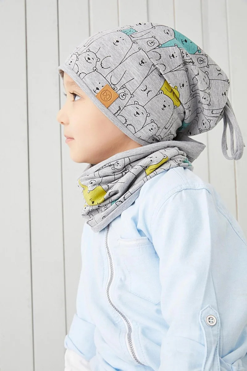 بيبيجيز Boy's Gray Figured 4 Season Beret Neck Collar Set Soft Natural 100% Cotton Combed Cotton