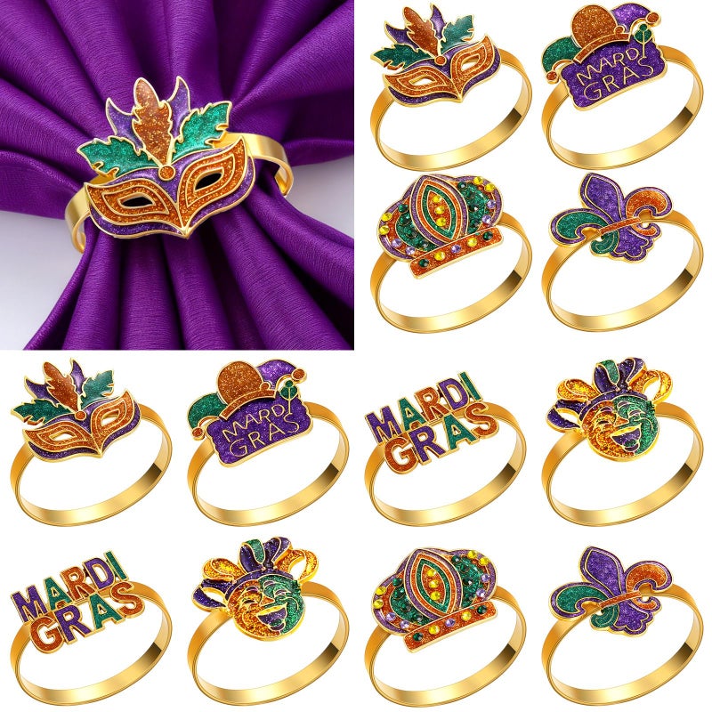 Blushtier 12 Pcs Mardi Gras Napkin Rings Fleur De Lis Napkin Cloth Holder Rings Mardi Gras Napkins Decorations Glitter Purple Gold Mask Crown Jester Hat Masquerade Dinner Party Table Supplies(Classic) - Image 1