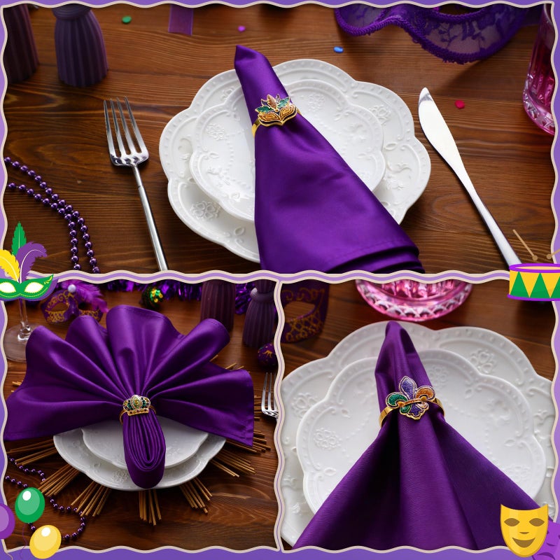 Blushtier 12 Pcs Mardi Gras Napkin Rings Fleur De Lis Napkin Cloth Holder Rings Mardi Gras Napkins Decorations Glitter Purple Gold Mask Crown Jester Hat Masquerade Dinner Party Table Supplies(Classic) - Image 4