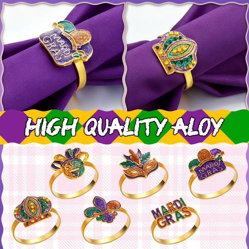 Blushtier 12 Pcs Mardi Gras Napkin Rings Fleur De Lis Napkin Cloth Holder Rings Mardi Gras Napkins Decorations Glitter Purple Gold Mask Crown Jester Hat Masquerade Dinner Party Table Supplies(Classic) - Image 3