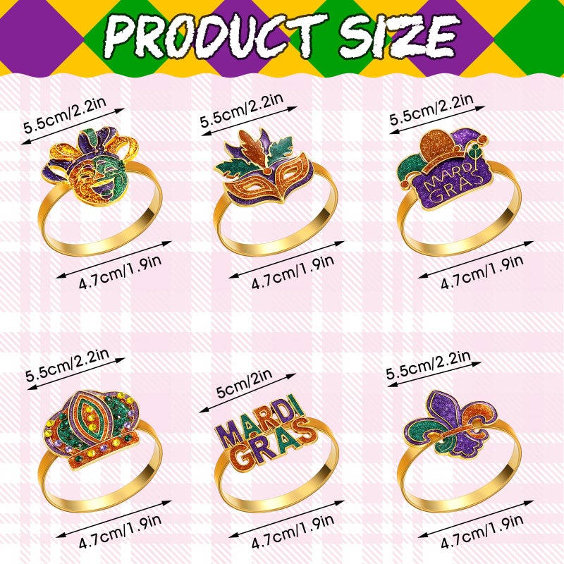 Blushtier 12 Pcs Mardi Gras Napkin Rings Fleur De Lis Napkin Cloth Holder Rings Mardi Gras Napkins Decorations Glitter Purple Gold Mask Crown Jester Hat Masquerade Dinner Party Table Supplies(Classic) - Image 2