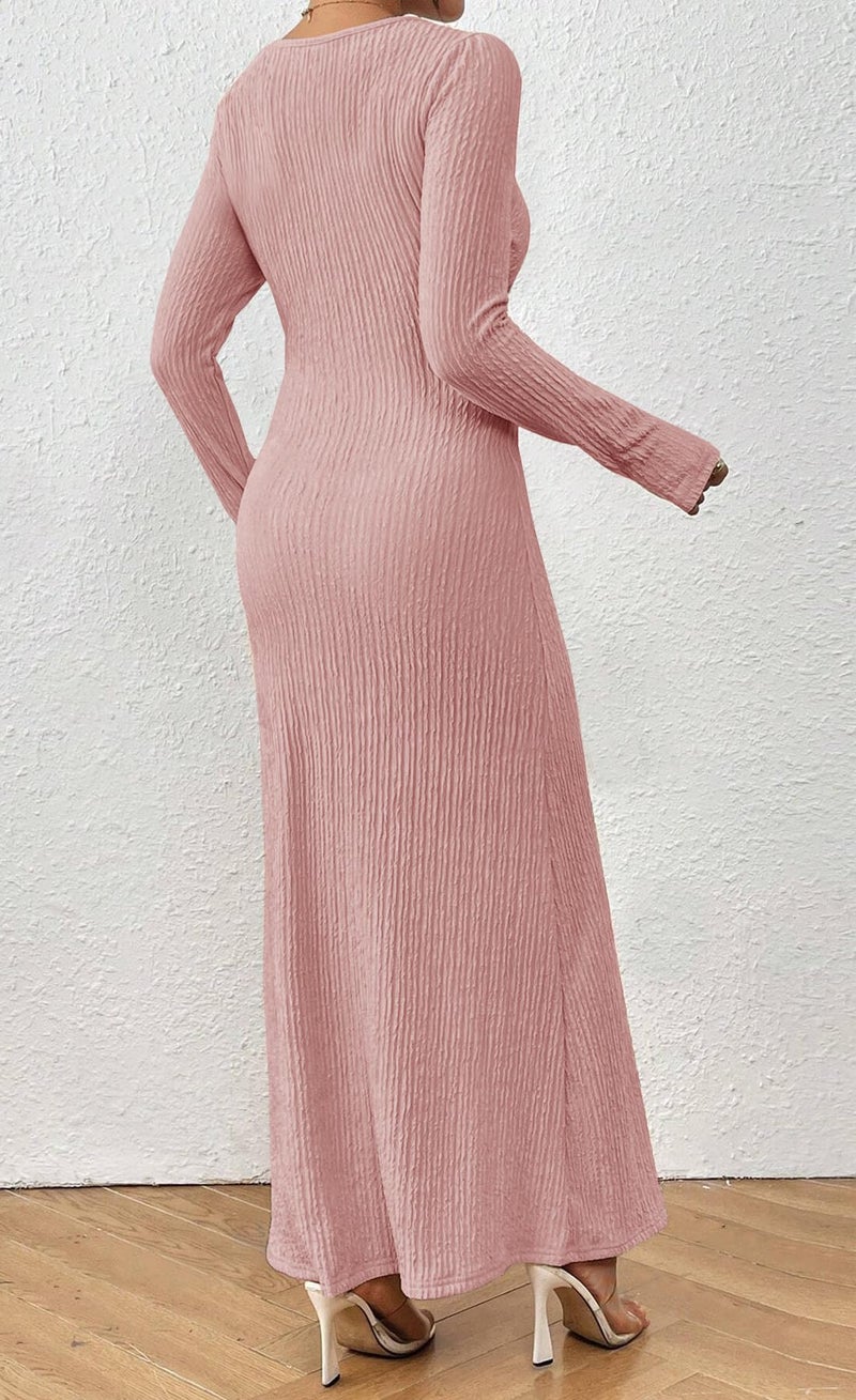 MITILLY Long Sleeve Formal Dress for Women Fall 2026 Elegant Ruched Bodycon Wedding Guest Dresses Small Champagne Pink - Image 3