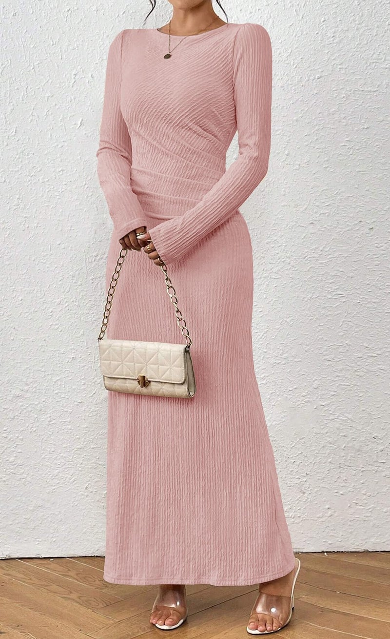 MITILLY Long Sleeve Formal Dress for Women Fall 2026 Elegant Ruched Bodycon Wedding Guest Dresses Small Champagne Pink - Image 5