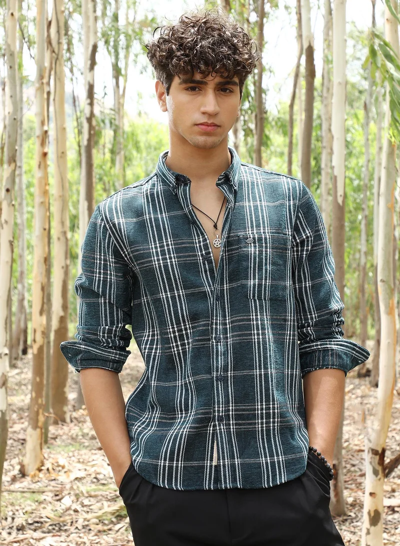 كامبوس سوترا قميص رجالي كاروهات أخضر زمردي بقصة عادية