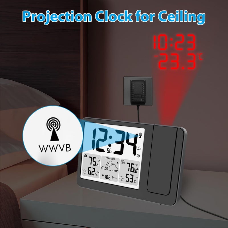 uzoli EM3539E Projection Alarm Clock, WWVB Atomic Projector Clock for Bedroom Ceiling, Projection Clocks with Sensor, Adjustable Backlight, Indoor Outdoor Temperature Humidity, Dual Alarms - Image 2