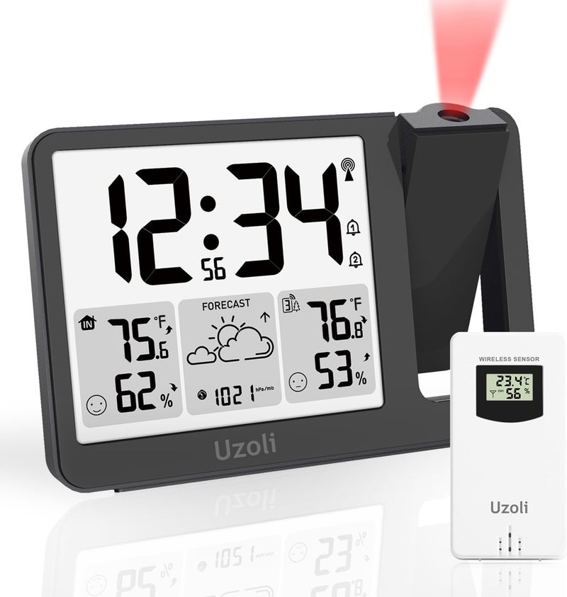 uzoli EM3539E Projection Alarm Clock, WWVB Atomic Projector Clock for Bedroom Ceiling, Projection Clocks with Sensor, Adjustable Backlight, Indoor Outdoor Temperature Humidity, Dual Alarms - Image 1