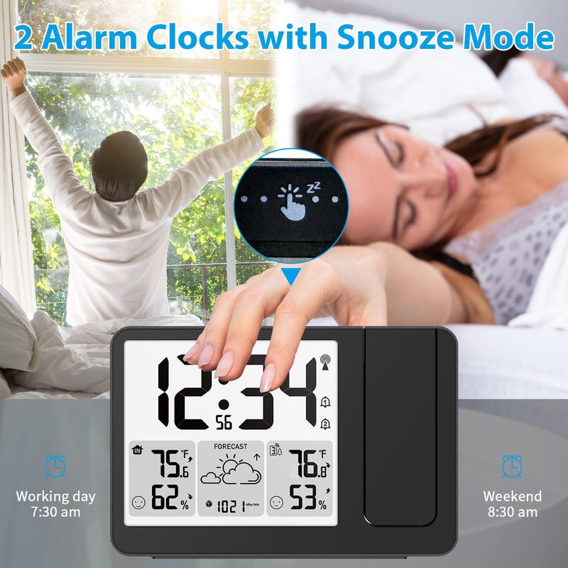 uzoli EM3539E Projection Alarm Clock, WWVB Atomic Projector Clock for Bedroom Ceiling, Projection Clocks with Sensor, Adjustable Backlight, Indoor Outdoor Temperature Humidity, Dual Alarms - Image 4