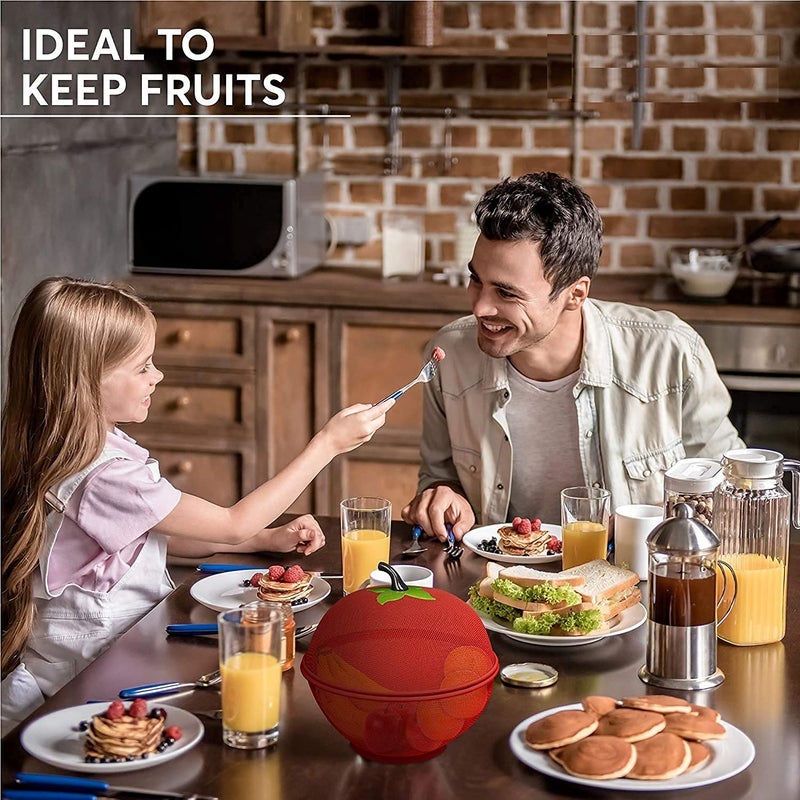 Deoxys Apple-Shaped Fruit Basket - Metal Wire Mesh Holder & Strainer for Fruits & Vegetables - Large Protective Countertop Produce Cover, Keeps Flies Out - Cute & Unique Kitchen Accessories - Red - Image 2