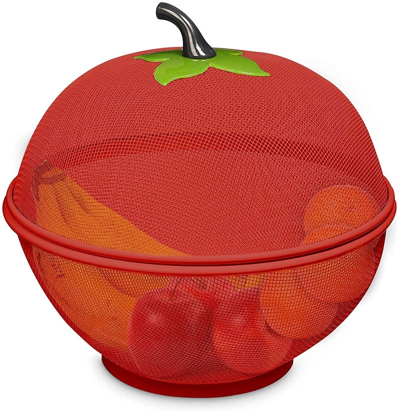 Deoxys Apple-Shaped Fruit Basket - Metal Wire Mesh Holder & Strainer for Fruits & Vegetables - Large Protective Countertop Produce Cover, Keeps Flies Out - Cute & Unique Kitchen Accessories - Red - Image 1