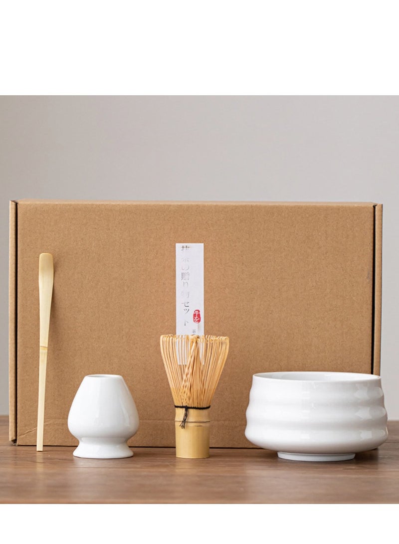 Matcha Set,Tea Dispensing 4-Piece Set,Eco-Friendly Bamboo,Teaspoon/Matcha Spatula/Matcha Bowl/Whisk Holder for Brewing Traditional Chinese Tea(White) - Image 1