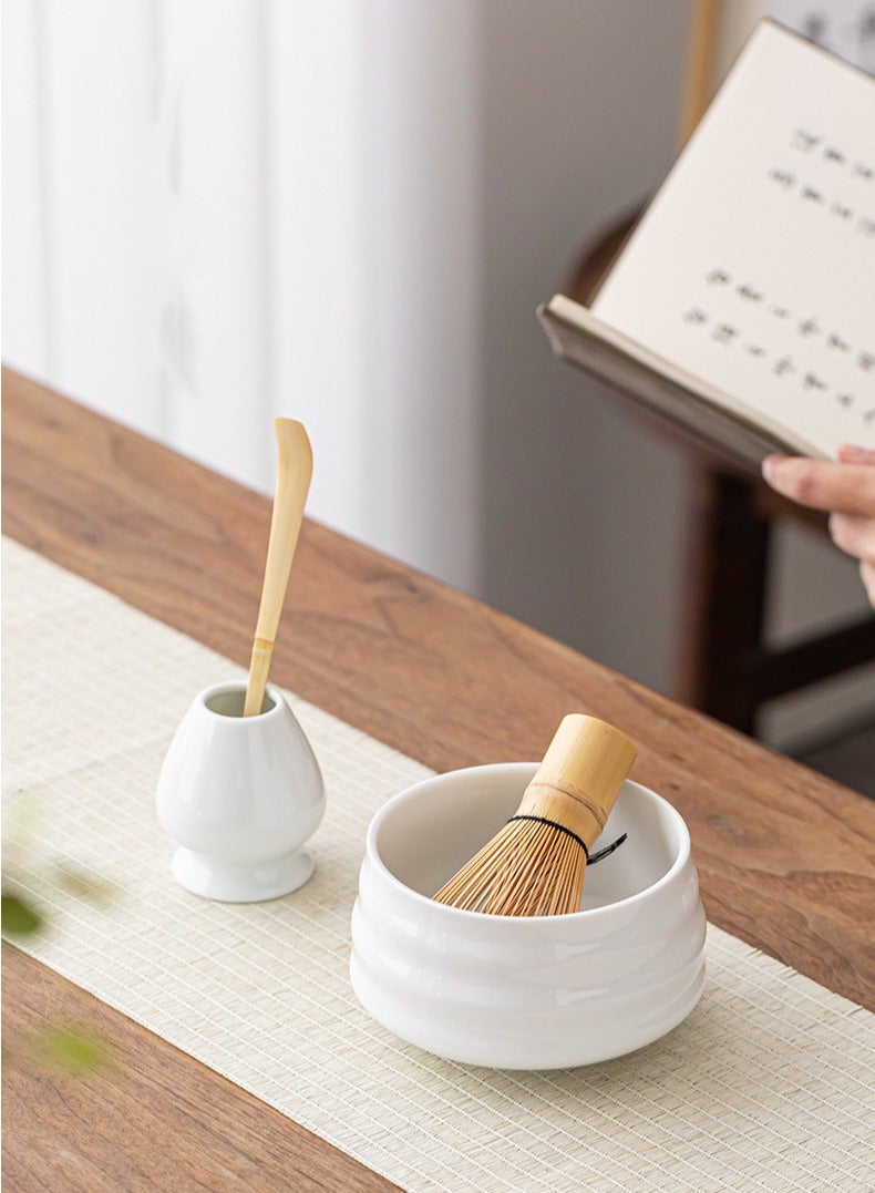 Matcha Set,Tea Dispensing 4-Piece Set,Eco-Friendly Bamboo,Teaspoon/Matcha Spatula/Matcha Bowl/Whisk Holder for Brewing Traditional Chinese Tea(White) - Image 3