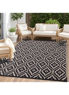 Arabest Black & Beige Geometric Pattern Outdoor Rug, Waterproof 6x9 ft, Reversible RV Mat for Patio, Camping, Balcony, Deck, Backyard - Clearance Straw Rug  - Image 1