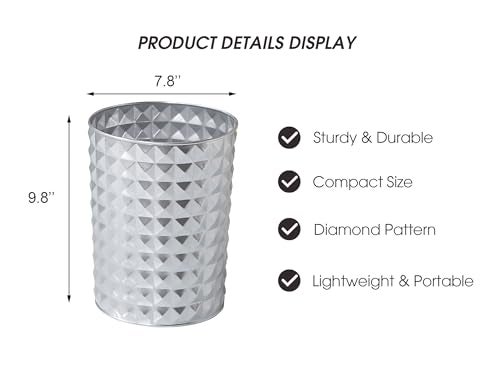 Venalys Small Round Metal Trash Can Wastebasket, Decorative Diamond Pattern Garbage Can Waste Paper Bin, Modern Farmhouse Round Trash Bin for Bathroom, Bedroom, Kitchen and Office (Silver) - Image 5
