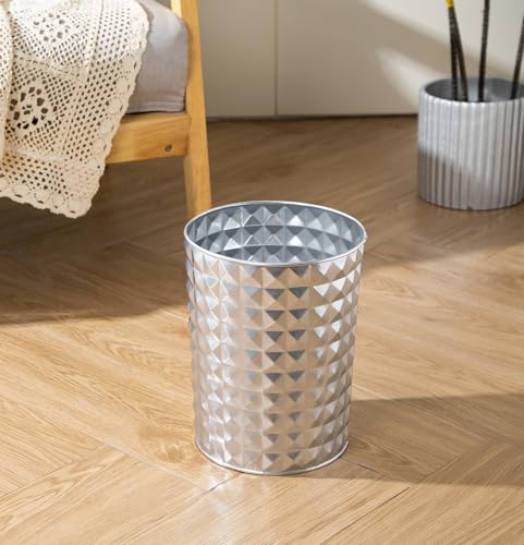 Venalys Small Round Metal Trash Can Wastebasket, Decorative Diamond Pattern Garbage Can Waste Paper Bin, Modern Farmhouse Round Trash Bin for Bathroom, Bedroom, Kitchen and Office (Silver) - Image 2