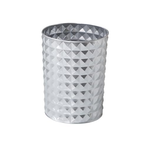 Venalys Small Round Metal Trash Can Wastebasket, Decorative Diamond Pattern Garbage Can Waste Paper Bin, Modern Farmhouse Round Trash Bin for Bathroom, Bedroom, Kitchen and Office (Silver) - Image 1
