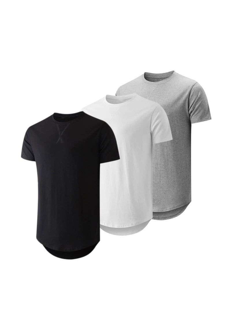 JMIERR Men's 3 Pack Cotton Hipster Hip Hop Longline Crewneck T-Shirt, Short Sleeve Gym Workout Athletic T Shirts for Men Pack,XL, Black/White/Light Grey - Image 1