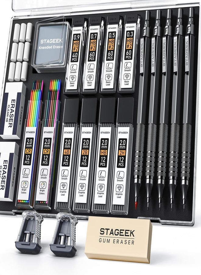 STAGEEK 21PCS Metal Mechanical Pencil Set, Art Lead Pencil 0.3, 0.5, 0.7, 0.9, 2mm Holder(HB 2H 2B 4B Color) with 10 Tubes Graphite Lead Refills Eraser with Case for Drafting Drawing Sketching - Image 1