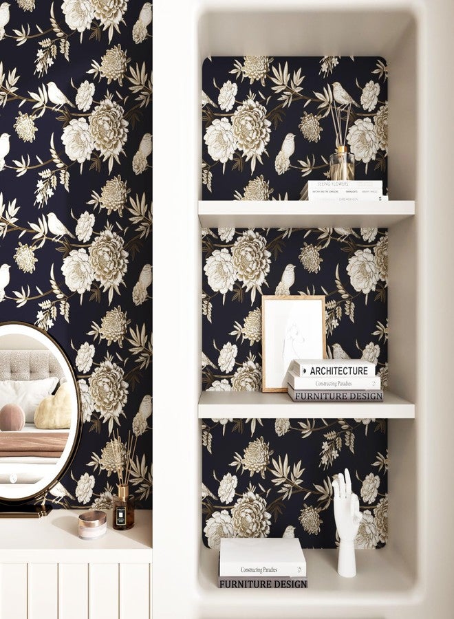 Wallercity ورق حائط Wallercity أزرق داكن مزخرف بورود ذهبية، ورق حائط قابل للتقشير واللصق، ورق حائط ذاتي اللصق لبطانة الرف، غشاء زخرفي من الفينيل لخزائن المطبخ 17.5 بوصة × 118 بوصة - Image 5