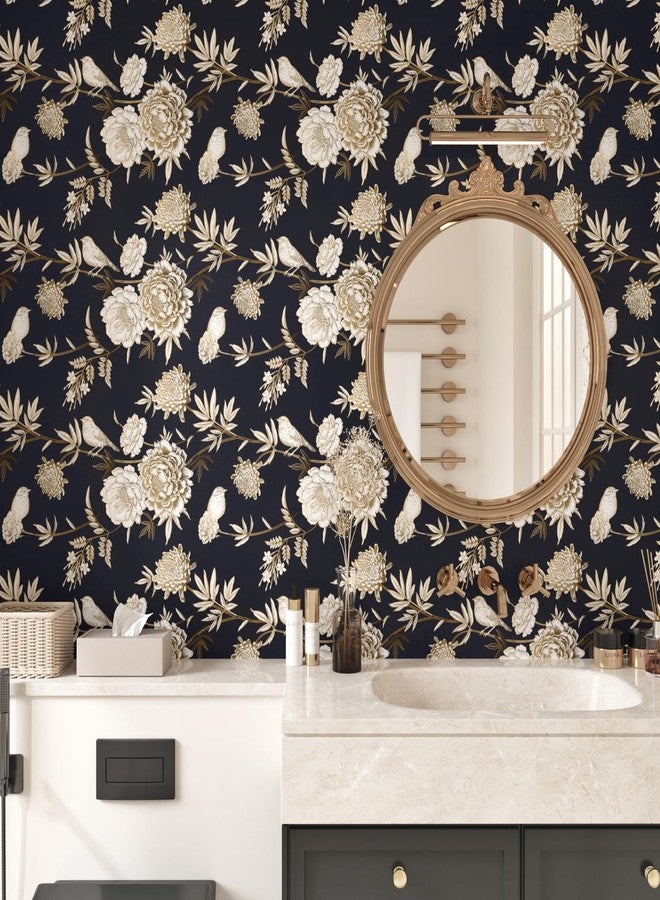 Wallercity ورق حائط Wallercity أزرق داكن مزخرف بورود ذهبية، ورق حائط قابل للتقشير واللصق، ورق حائط ذاتي اللصق لبطانة الرف، غشاء زخرفي من الفينيل لخزائن المطبخ 17.5 بوصة × 118 بوصة - Image 2