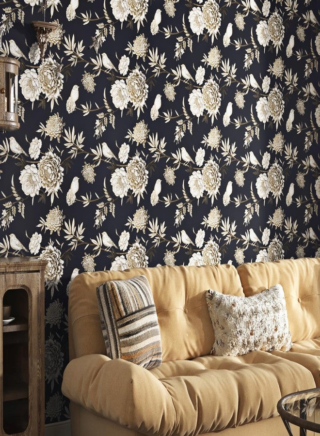 Wallercity ورق حائط Wallercity أزرق داكن مزخرف بورود ذهبية، ورق حائط قابل للتقشير واللصق، ورق حائط ذاتي اللصق لبطانة الرف، غشاء زخرفي من الفينيل لخزائن المطبخ 17.5 بوصة × 118 بوصة - Image 3