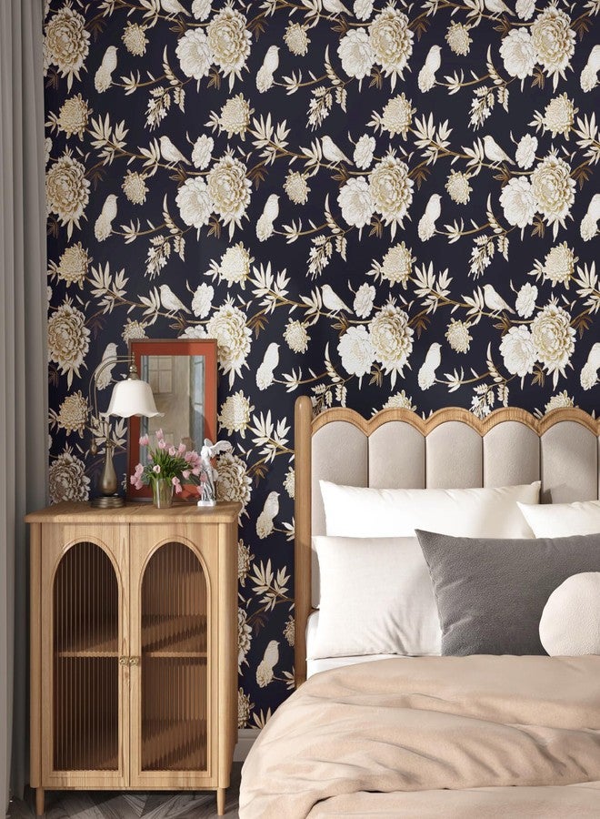 Wallercity ورق حائط Wallercity أزرق داكن مزخرف بورود ذهبية، ورق حائط قابل للتقشير واللصق، ورق حائط ذاتي اللصق لبطانة الرف، غشاء زخرفي من الفينيل لخزائن المطبخ 17.5 بوصة × 118 بوصة - Image 4