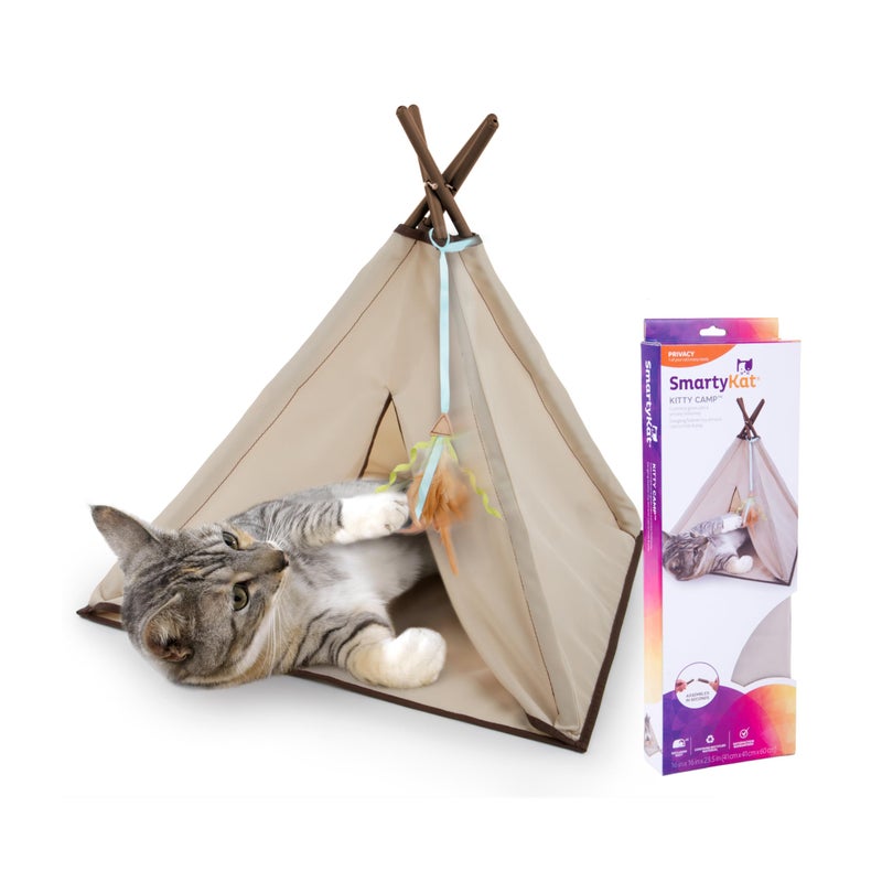 SmartyKat Kitty Camp Crinkle Cat Tent Hideaway, Collapsible Tent with Detachable Feather Toy for Privacy & Play for Cats & Kittens, Beige, One Size - Image 1
