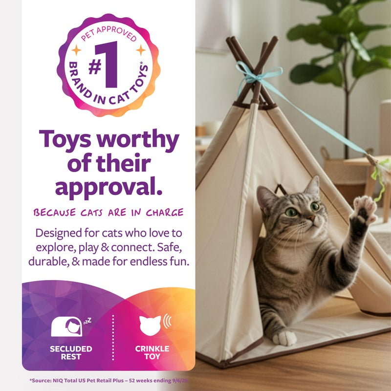 SmartyKat Kitty Camp Crinkle Cat Tent Hideaway, Collapsible Tent with Detachable Feather Toy for Privacy & Play for Cats & Kittens, Beige, One Size - Image 2