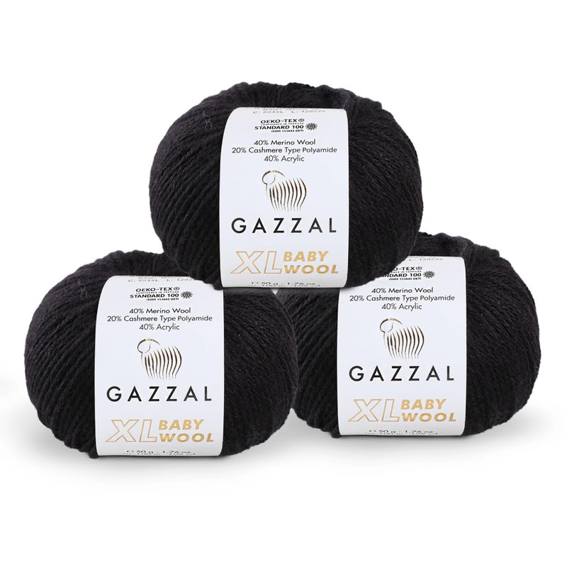 Gazzal 3 Pack Ball Gazzal Baby Wool XL Total 528 Oz 328 Yrds Each Ball 176 Oz 50g 109 Yrds 100m Super Soft MediumWorsted Yarn 40 Lana Merino 20 Cashmere Type Polyamide Black803