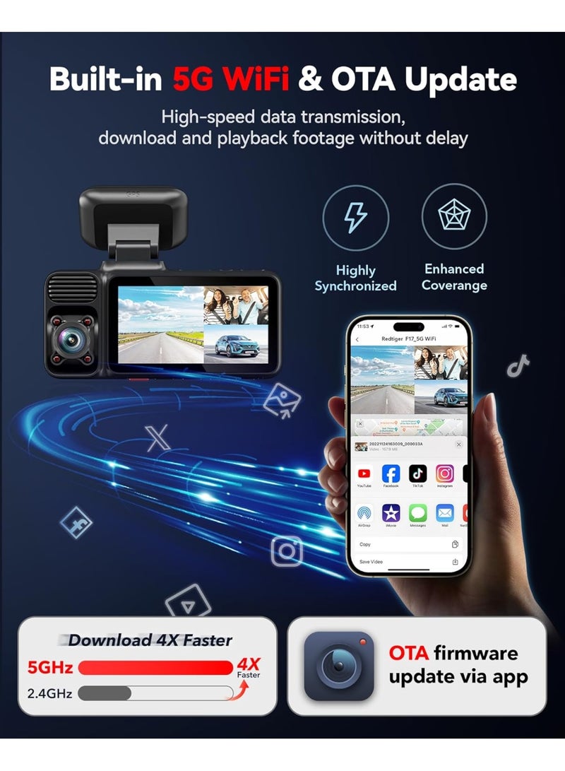 RedTiger F17 4K Dash Cam with 1080P Rear Camera & 5GHz Wi-Fi - Image 2