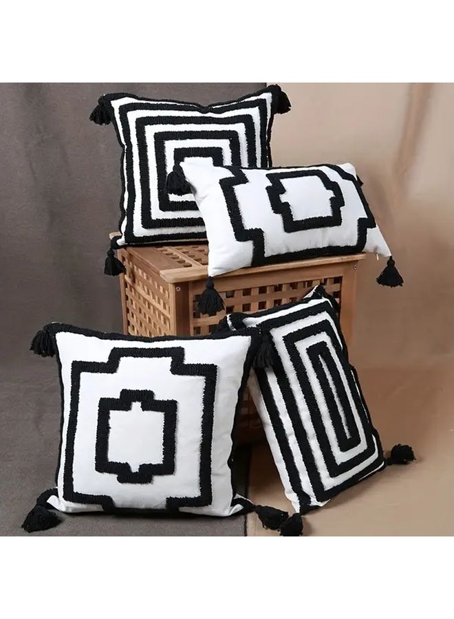 Preppy Style Geometric Pattern Throw Pillow Cover 18x18 Inch Black White Tassel Zipper Polyester - Image 1