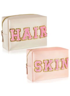 Patelai 2 Pcs Preppy Makeup Bags Chenille Letter Patch Bag Face Skin Hair Stuff Aesthetic Cosmetic Bag Travel Zipper Pouch Makeup Organizer Graduation Gift for Girls (White, Pink,Hair, Skin)  - Image 1