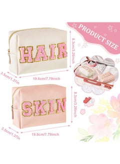Patelai 2 Pcs Preppy Makeup Bags Chenille Letter Patch Bag Face Skin Hair Stuff Aesthetic Cosmetic Bag Travel Zipper Pouch Makeup Organizer Graduation Gift for Girls (White, Pink,Hair, Skin)  - Image 2