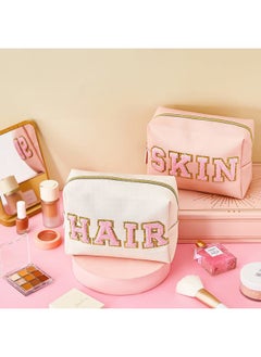 Patelai 2 Pcs Preppy Makeup Bags Chenille Letter Patch Bag Face Skin Hair Stuff Aesthetic Cosmetic Bag Travel Zipper Pouch Makeup Organizer Graduation Gift for Girls (White, Pink,Hair, Skin)  - Image 4