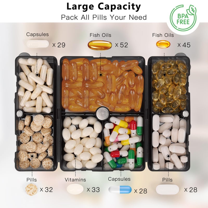 FYY Daily Pill Organizer,7 Compartments Portable Pill Case Travel Pill Organizer,[Folding Design] Large Pill Box for Purse Pocket to Hold Vitamins,Cod Liver Oil,Supplements and Medication-Clear Black - Image 2