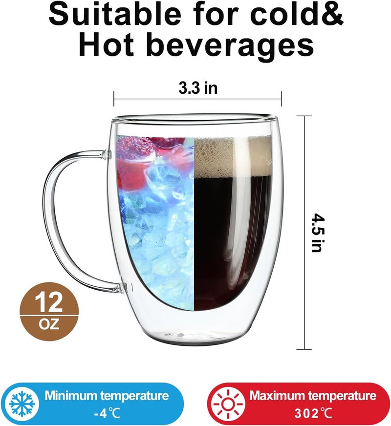 Aurzen 4 Pack Double Walled Glass Coffee Mugs with Handles, Large Insulated Layer Coffee Cups, Clear Borosilicate Mugs, Perfect for Cappuccino, Tea, Microwave Safe (12oz-4Pack) - Image 2