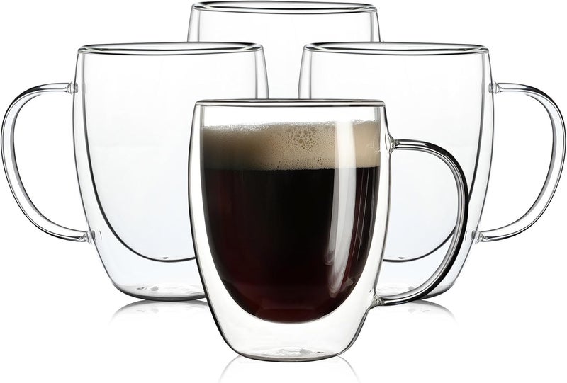 Aurzen 4 Pack Double Walled Glass Coffee Mugs with Handles, Large Insulated Layer Coffee Cups, Clear Borosilicate Mugs, Perfect for Cappuccino, Tea, Microwave Safe (12oz-4Pack) - Image 1