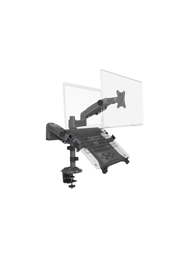 Dual monitor arm and laptop arm – Adjustable stand for 17-27 inch monitors and 10-17 inch devices – Gas spring and clamp – VESA compatible