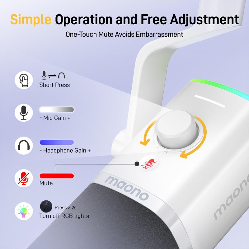 MAONO XLR/USB Gaming Microphone for PC, Dynamic Computer Mic for Streaming Podcasting, Noise Reduction, Mute, Volume Control, RGB Boom Mic for Vocal Recording,Voice-Over, PD100XS White - Image 4